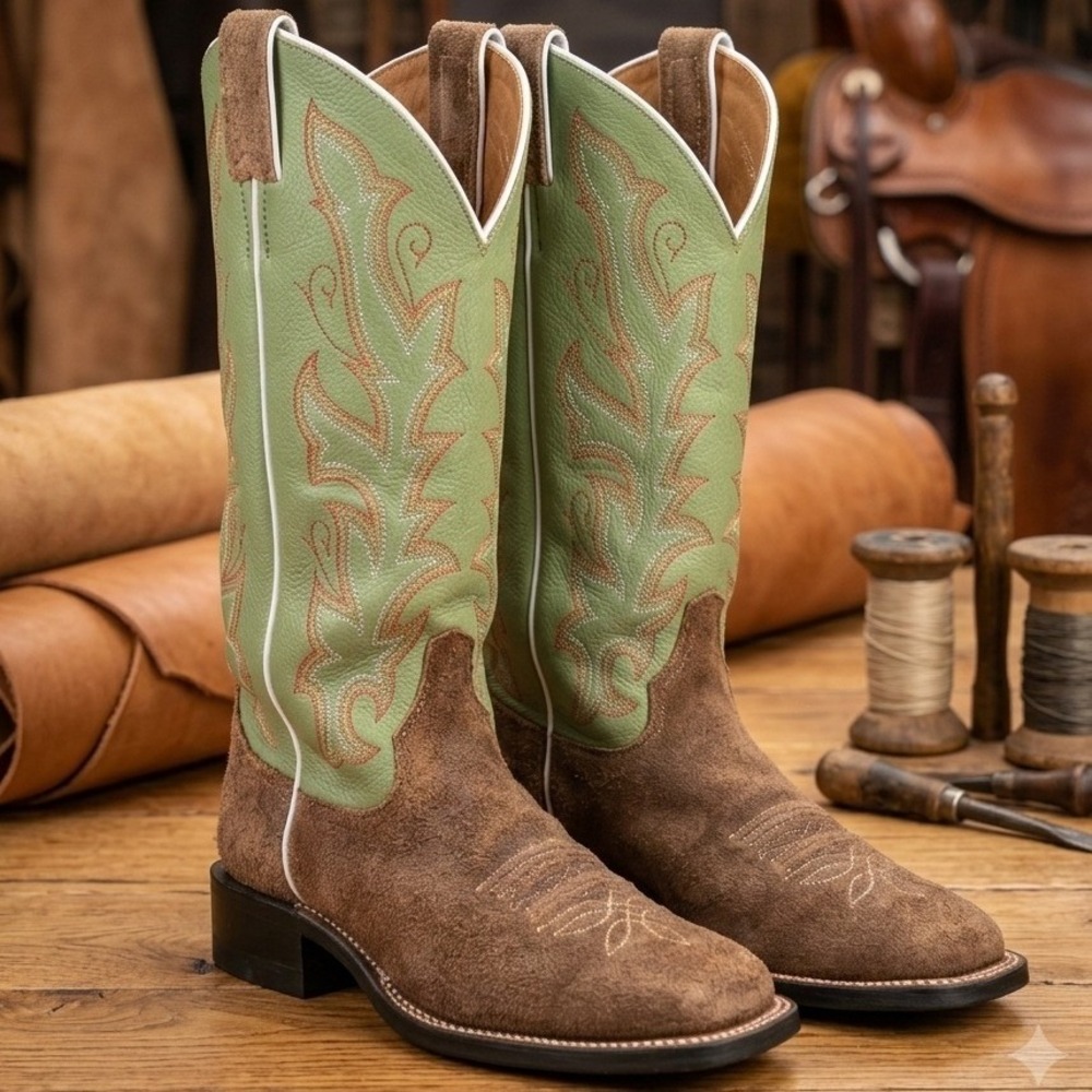 Justin Mens Brown Roughout Green Leather Western Cowboy Boots BRL312 Made in USA